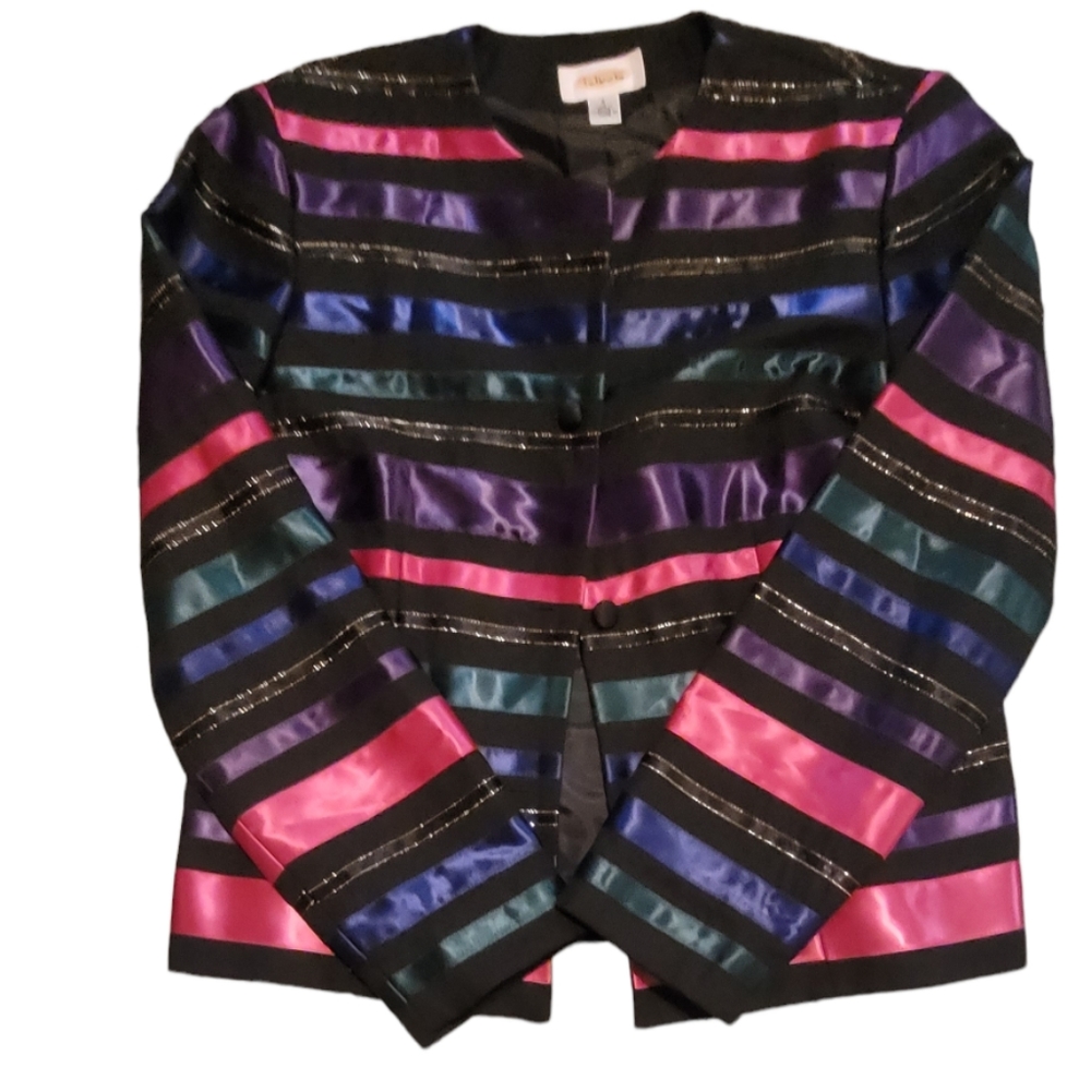 🥰TALBOTS 4  BLAZER DRESSY JACKET BLACK RAINBOW SATIN RIBBON STRIPE GOLD THREAD - Picture 3 of 11